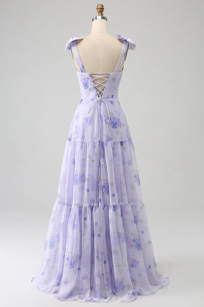 Robe Weitese lilas style corset floral, robe trapèze, robe longue de soirée avec lacets, robe de bal